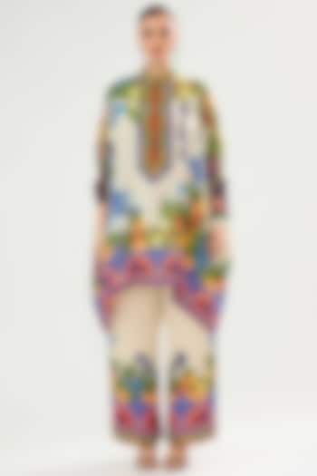 Ivory-Orange Modal Satin Printed Pants by Rajdeep Ranawat at Pernia's Pop Up Shop