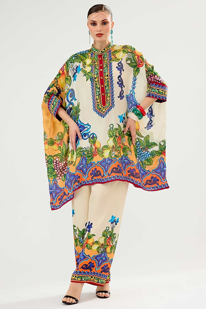 Ivory-Orange Modal Satin Printed Pants by Rajdeep Ranawat at Pernia's Pop Up Shop