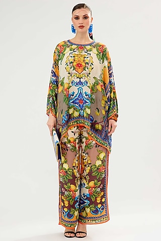 Ivory & Multi-Colored Silk Palazzo Pants by Rajdeep Ranawat