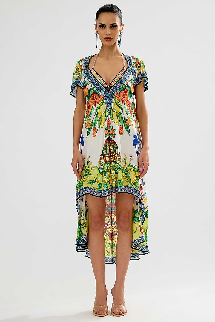 Ivory-Lime Silk Printed Vacation Dress by Rajdeep Ranawat at Pernia's Pop Up Shop