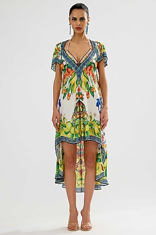 Ivory-Lime Silk Printed Dress by Rajdeep Ranawat