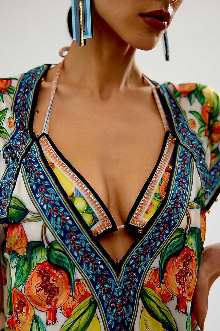 Ivory-Lime Silk Printed Vacation Dress by Rajdeep Ranawat at Pernia's Pop Up Shop
