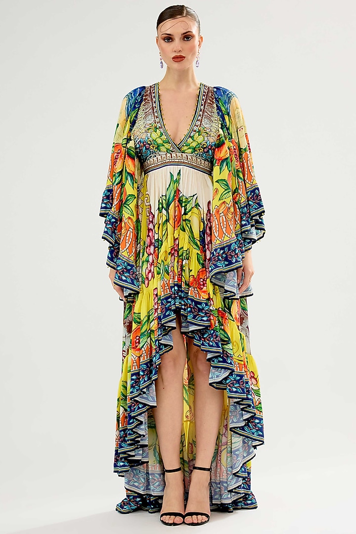 Ivory-Yellow Bemberg Crepe Printed Party Wear Dress by Rajdeep Ranawat at Pernia's Pop Up Shop