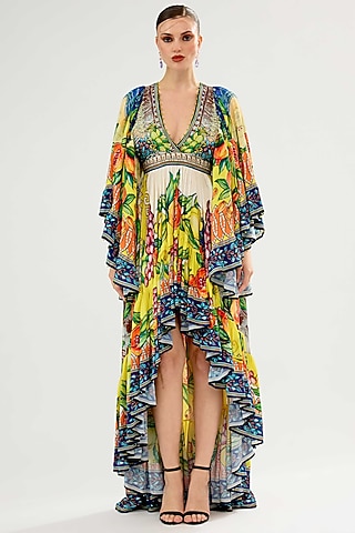 Ivory-Yellow Bemberg Crepe Printed Dress by Rajdeep Ranawat
