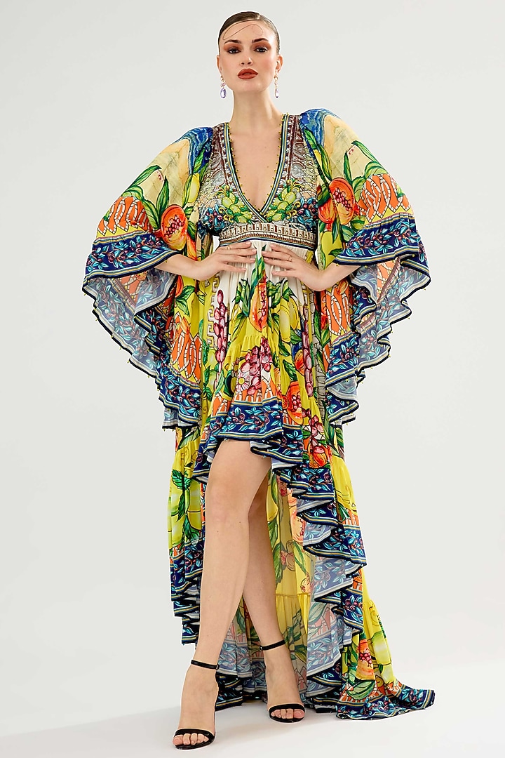 Ivory-Yellow Bemberg Crepe Printed Party Wear Dress by Rajdeep Ranawat at Pernia's Pop Up Shop