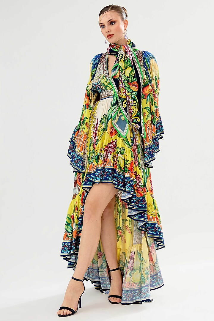 Ivory-Yellow Bemberg Crepe Printed Party Wear Dress by Rajdeep Ranawat at Pernia's Pop Up Shop