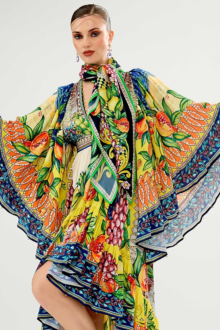 Ivory-Yellow Bemberg Crepe Printed Party Wear Dress by Rajdeep Ranawat at Pernia's Pop Up Shop