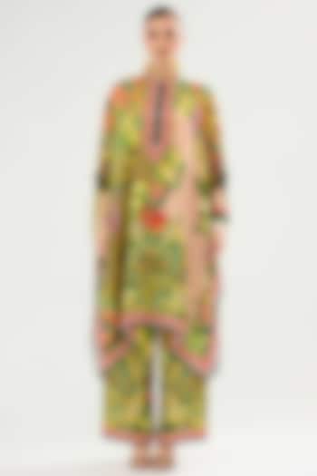 Olive-Blush Modal Satin Printed Pants by Rajdeep Ranawat at Pernia's Pop Up Shop