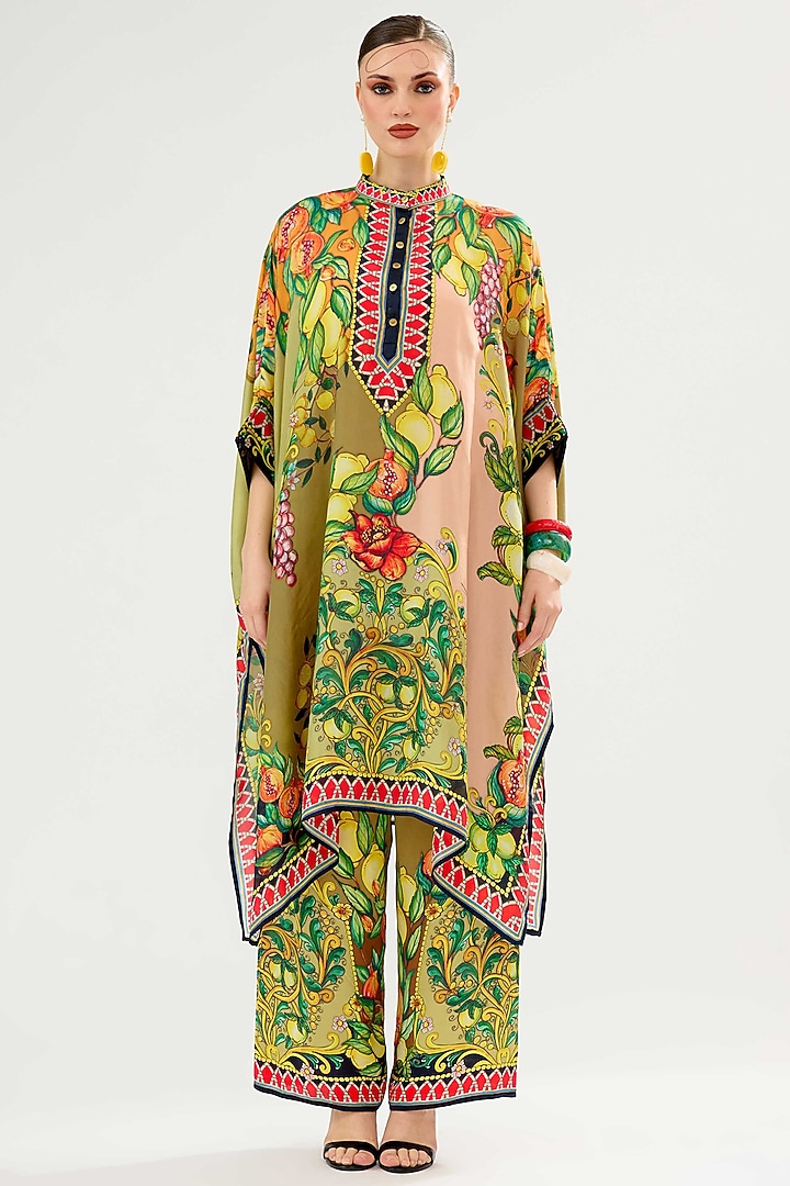 Olive-Blush Modal Satin Printed Pants by Rajdeep Ranawat at Pernia's Pop Up Shop
