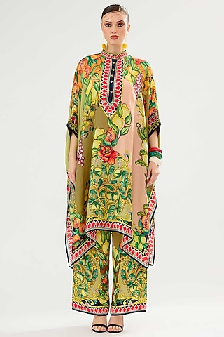 Olive-Blush Modal Satin Printed Pants by Rajdeep Ranawat