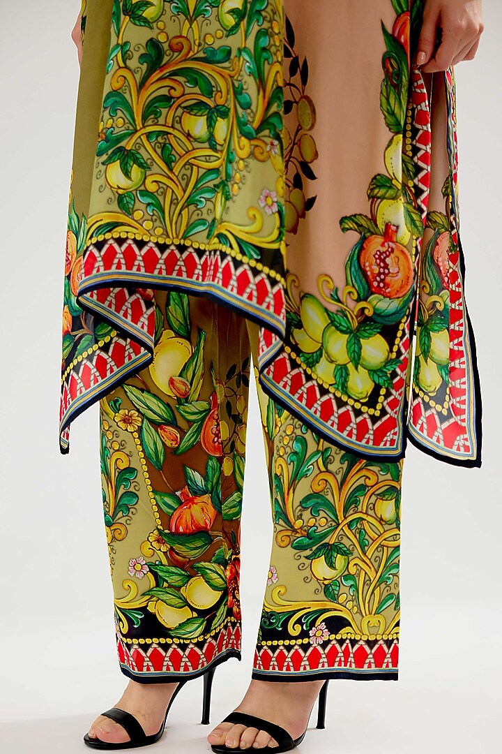 Olive-Blush Modal Satin Printed Pants by Rajdeep Ranawat at Pernia's Pop Up Shop