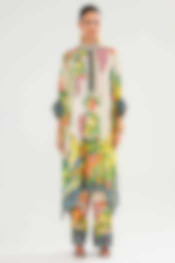 Ivory-Yellow Modal Satin Printed Pants by Rajdeep Ranawat at Pernia's Pop Up Shop