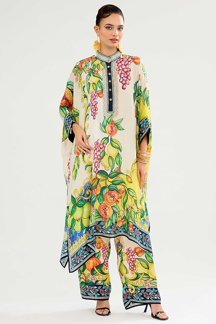 Ivory-Yellow Modal Satin Printed Pants by Rajdeep Ranawat at Pernia's Pop Up Shop