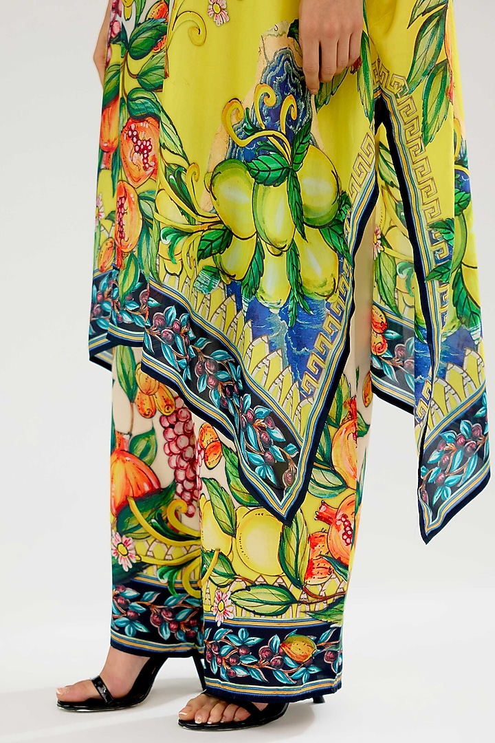 Ivory-Yellow Modal Satin Printed Pants by Rajdeep Ranawat at Pernia's Pop Up Shop