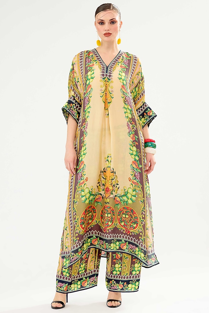 Vanilla-Colored Silk Printed Kimono Tunic by Rajdeep Ranawat at Pernia's Pop Up Shop