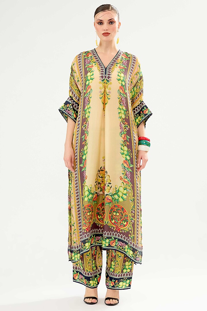 Vanilla-Colored Silk Printed Kimono Tunic by Rajdeep Ranawat at Pernia's Pop Up Shop