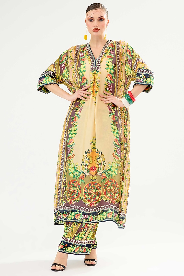 Vanilla-Colored Silk Printed Kimono Tunic by Rajdeep Ranawat at Pernia's Pop Up Shop