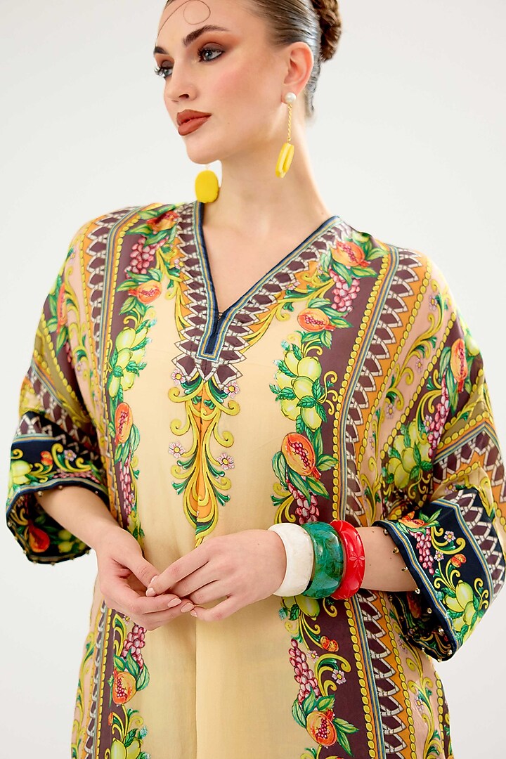 Vanilla-Colored Silk Printed Kimono Tunic by Rajdeep Ranawat at Pernia's Pop Up Shop