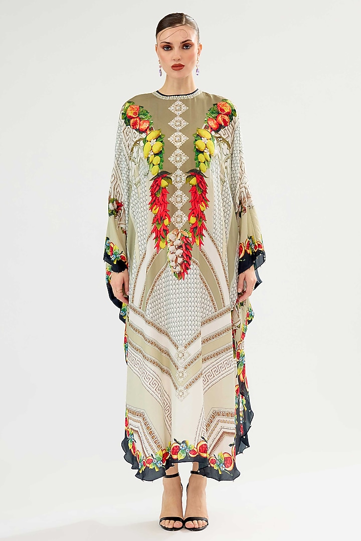 Taupe Silk Printed Kaftan by Rajdeep Ranawat at Pernia's Pop Up Shop