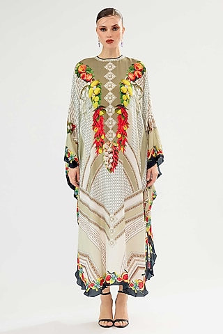 Taupe Silk Printed Kaftan by Rajdeep Ranawat