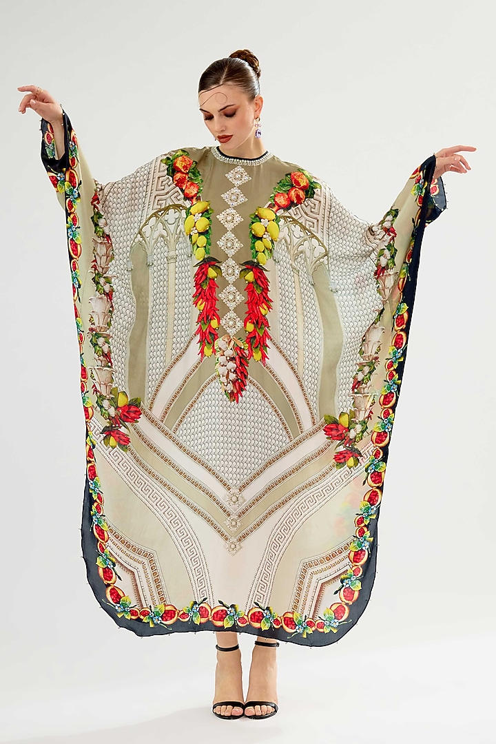 Taupe Silk Printed Kaftan by Rajdeep Ranawat at Pernia's Pop Up Shop