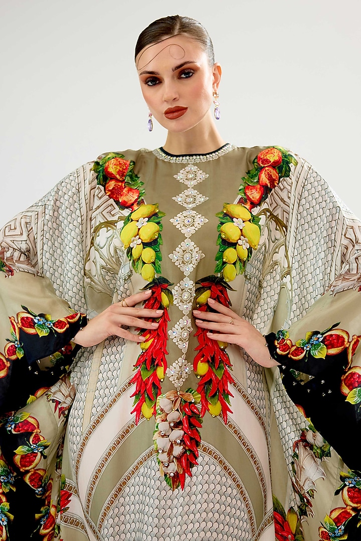 Taupe Silk Printed Kaftan by Rajdeep Ranawat at Pernia's Pop Up Shop