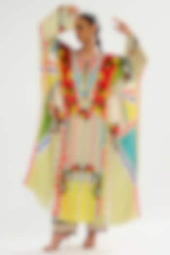Yellow & Red Silk Printed Kaftan by Rajdeep Ranawat at Pernia's Pop Up Shop