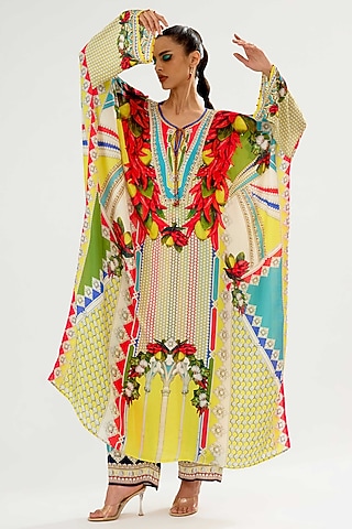 Yellow & Red Silk Printed Kaftan by Rajdeep Ranawat