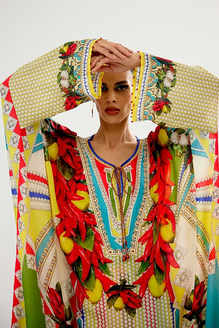 Yellow & Red Silk Printed Kaftan by Rajdeep Ranawat at Pernia's Pop Up Shop