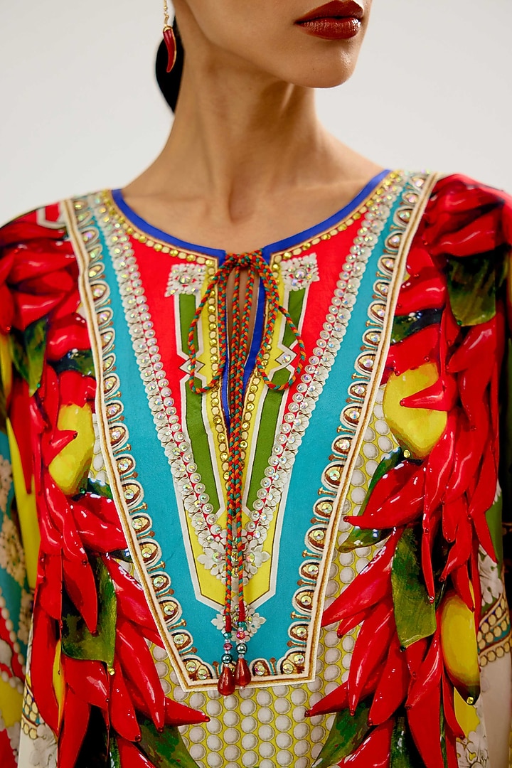 Yellow & Red Silk Printed Kaftan by Rajdeep Ranawat at Pernia's Pop Up Shop