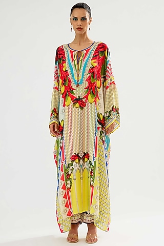 Yellow & Red Modal Satin Printed Pants by Rajdeep Ranawat