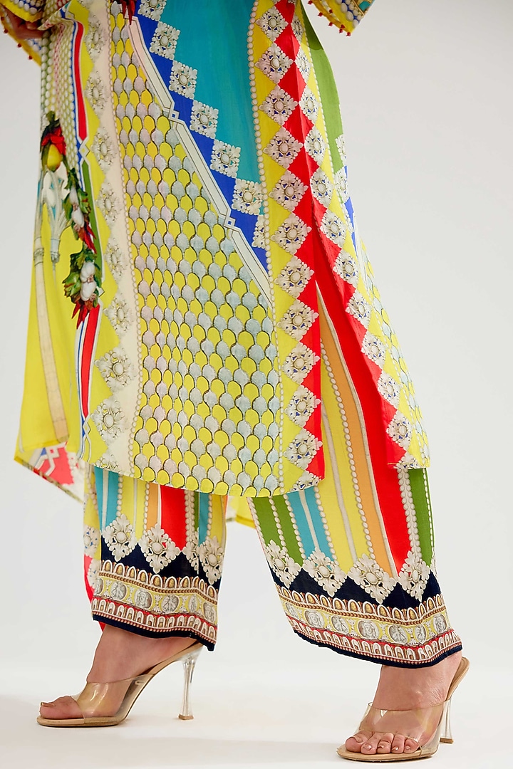 Yellow & Red Modal Satin Printed Pants by Rajdeep Ranawat at Pernia's Pop Up Shop