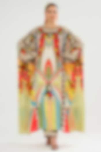 Yellow & Red Silk Printed Kimono Kaftan by Rajdeep Ranawat at Pernia's Pop Up Shop