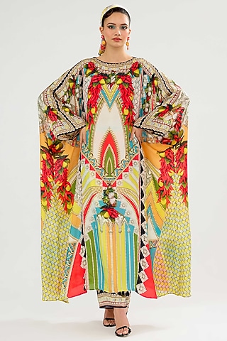 Yellow & Red Silk Printed Kimono Kaftan by Rajdeep Ranawat