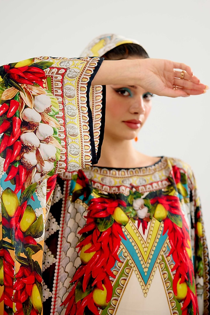 Yellow & Red Silk Printed Kimono Kaftan by Rajdeep Ranawat at Pernia's Pop Up Shop