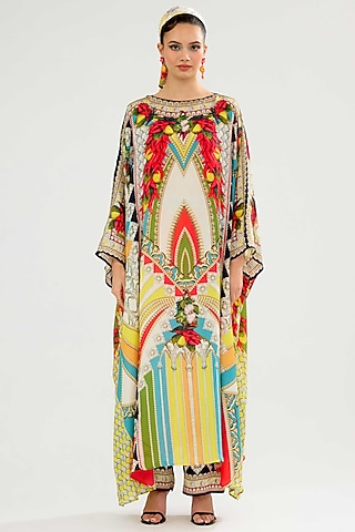 Yellow & Red Modal Satin Printed Pants by Rajdeep Ranawat