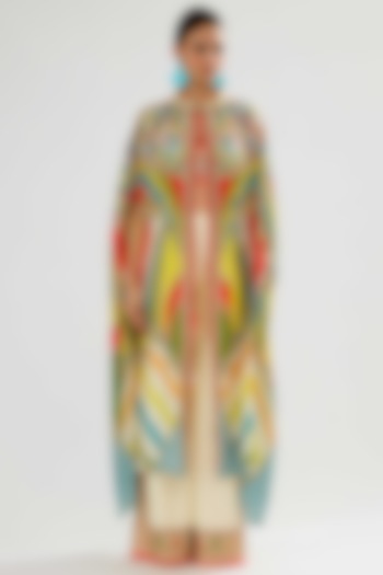 Yellow & Red Silk Printed Cape by Rajdeep Ranawat at Pernia's Pop Up Shop