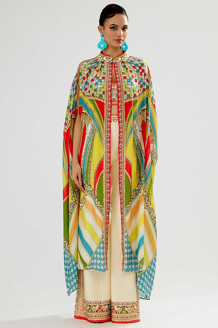 Yellow & Red Silk Printed Cape by Rajdeep Ranawat at Pernia's Pop Up Shop