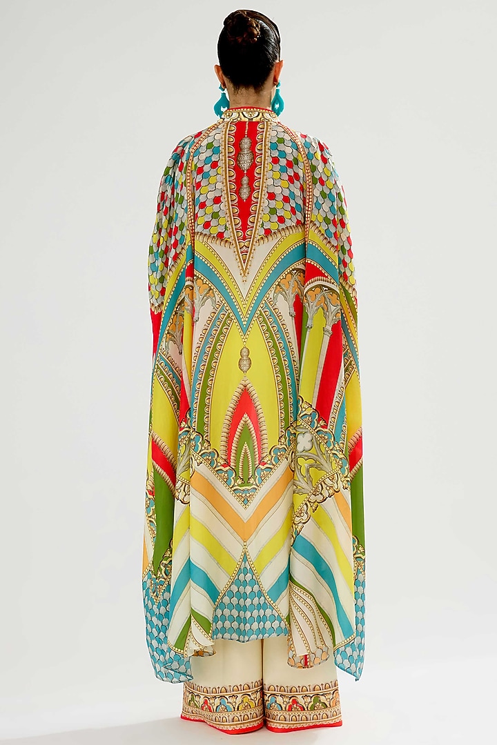 Yellow & Red Silk Printed Cape by Rajdeep Ranawat at Pernia's Pop Up Shop