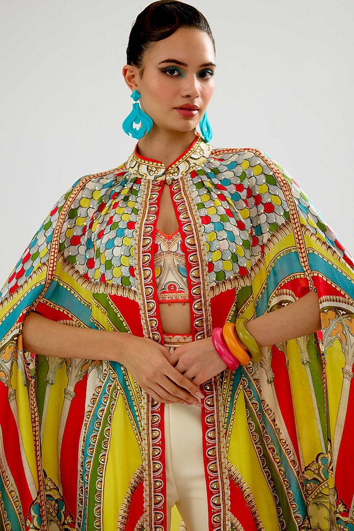 Yellow & Red Silk Printed Cape by Rajdeep Ranawat at Pernia's Pop Up Shop