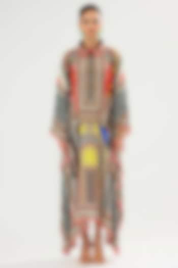 Black & Red Silk Printed Boxy Kaftan by Rajdeep Ranawat at Pernia's Pop Up Shop