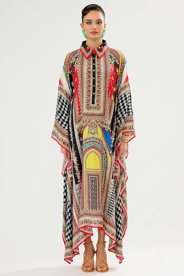Black & Red Silk Printed Boxy Kaftan by Rajdeep Ranawat at Pernia's Pop Up Shop