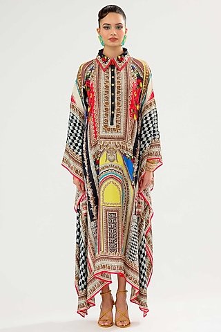 Black & Red Silk Printed Boxy Kaftan by Rajdeep Ranawat