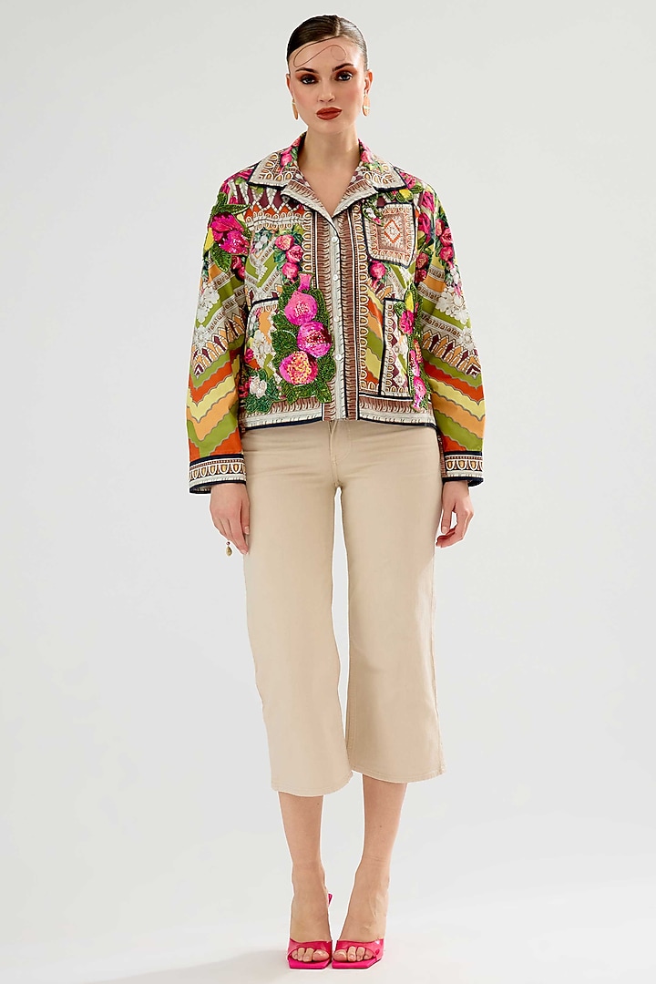 Multi-Colored Cotton Poplin Printed & Embroidered Jacket by Rajdeep Ranawat at Pernia's Pop Up Shop