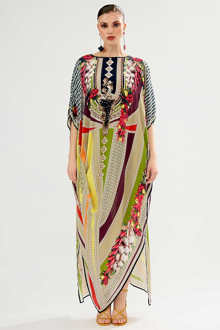 Multi-Colored Bamberg Crepe Printed Kaftan by Rajdeep Ranawat at Pernia's Pop Up Shop