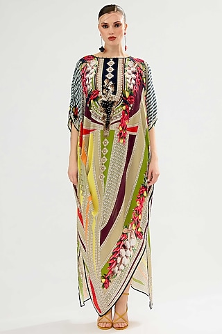 Multi-Colored Bamberg Crepe Printed Kaftan by Rajdeep Ranawat