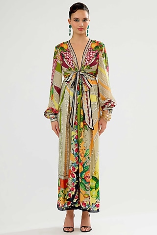 Multi-Colored Silk Printed Maxi Dress by Rajdeep Ranawat
