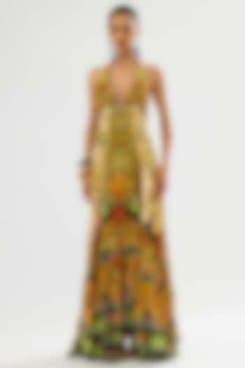 Olive & Orange Silk Chiffon Frilled Maxi Cocktail Dress by Rajdeep Ranawat at Pernia's Pop Up Shop