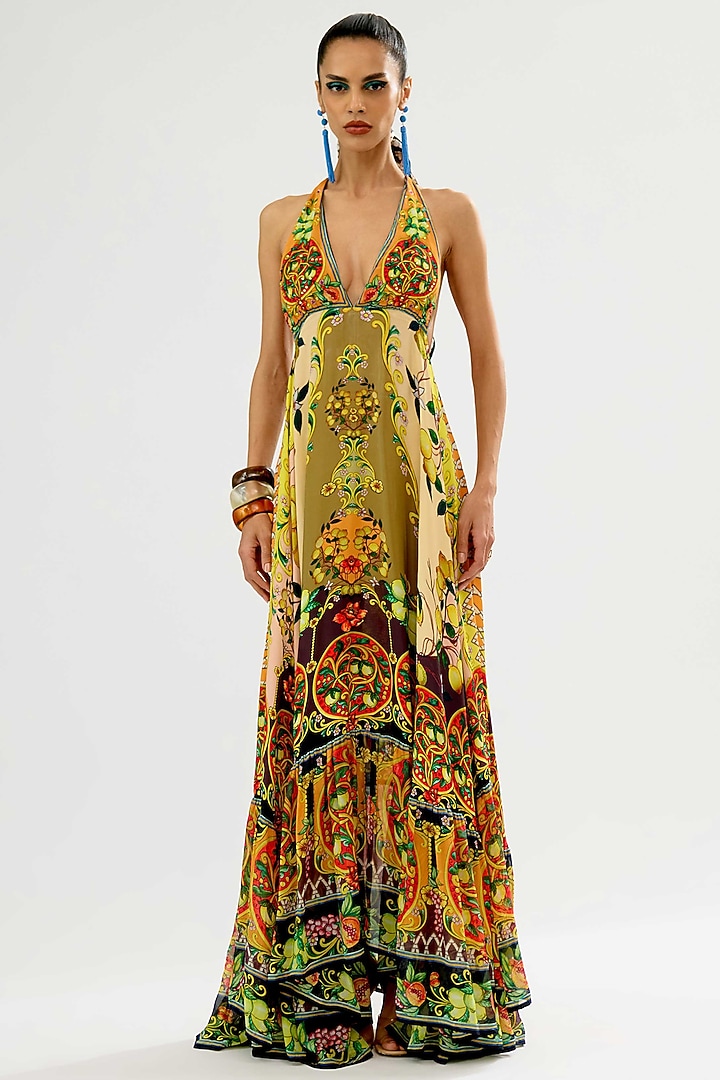 Olive & Orange Silk Chiffon Frilled Maxi Cocktail Dress by Rajdeep Ranawat at Pernia's Pop Up Shop
