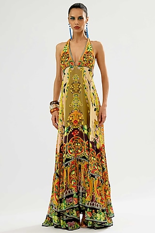 Olive & Orange Silk Chiffon Frilled Maxi Dress by Rajdeep Ranawat
